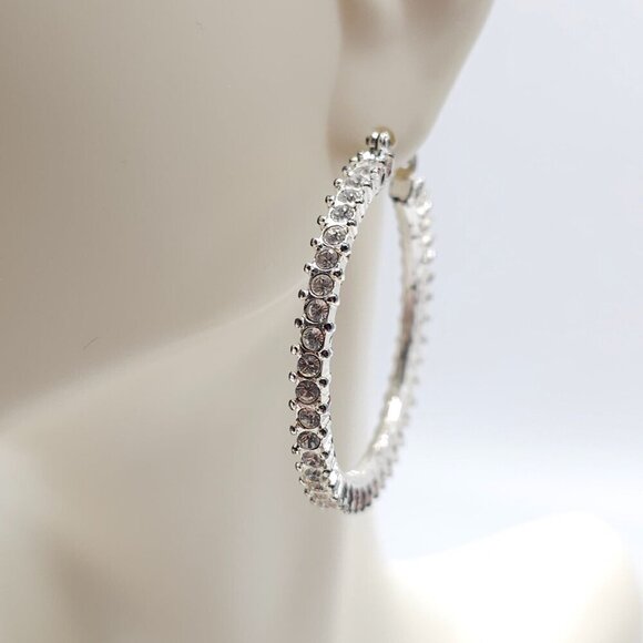 Silver Tone Clear Rhinestone Hoop Bling Earrings 1.75 Inches Vintage - Picture 2 of 5